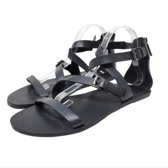 Eileen Fisher | Strappy Strap Leather Flat Sandals Black - Picture 1 of 10